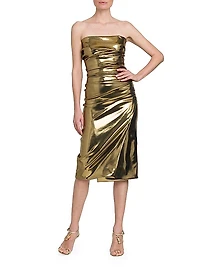 Laminated Metallic Strapless Midi-Dress