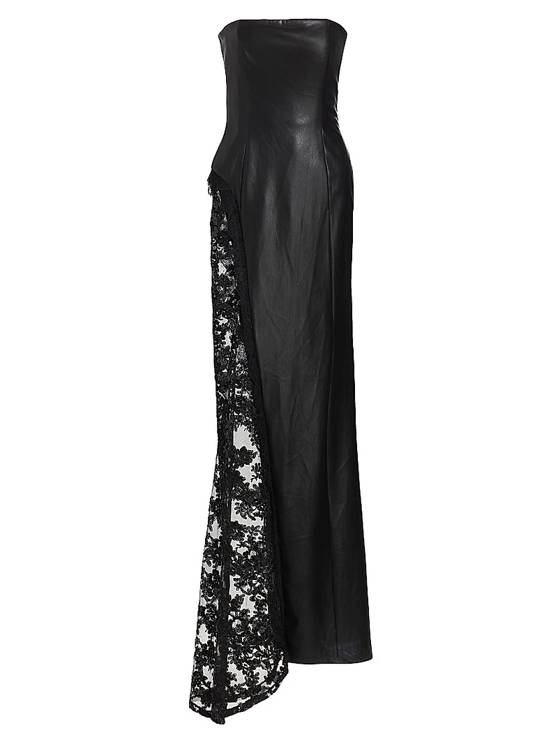 Retha Strapless Vegan Leather & Sequined Gown