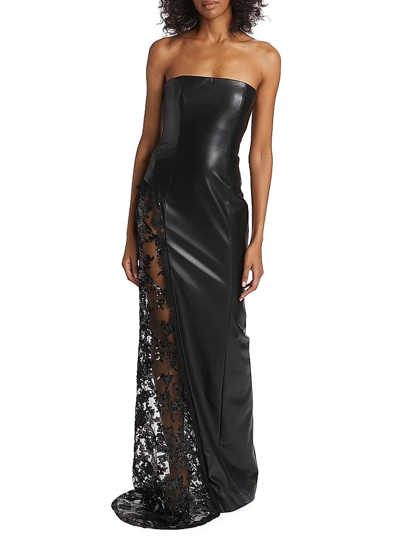 Retha Strapless Vegan Leather & Sequined Gown