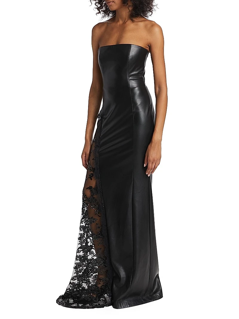 Retha Strapless Vegan Leather & Sequined Gown