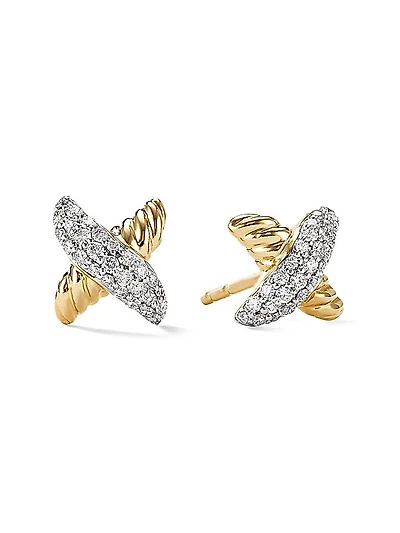 Petite X Stud Earrings in 18K Yellow Gold with Diamonds, 8.4mm