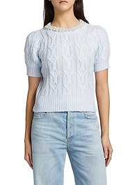 Faux Pearl Cable-Knit Short-Sleeve Sweater