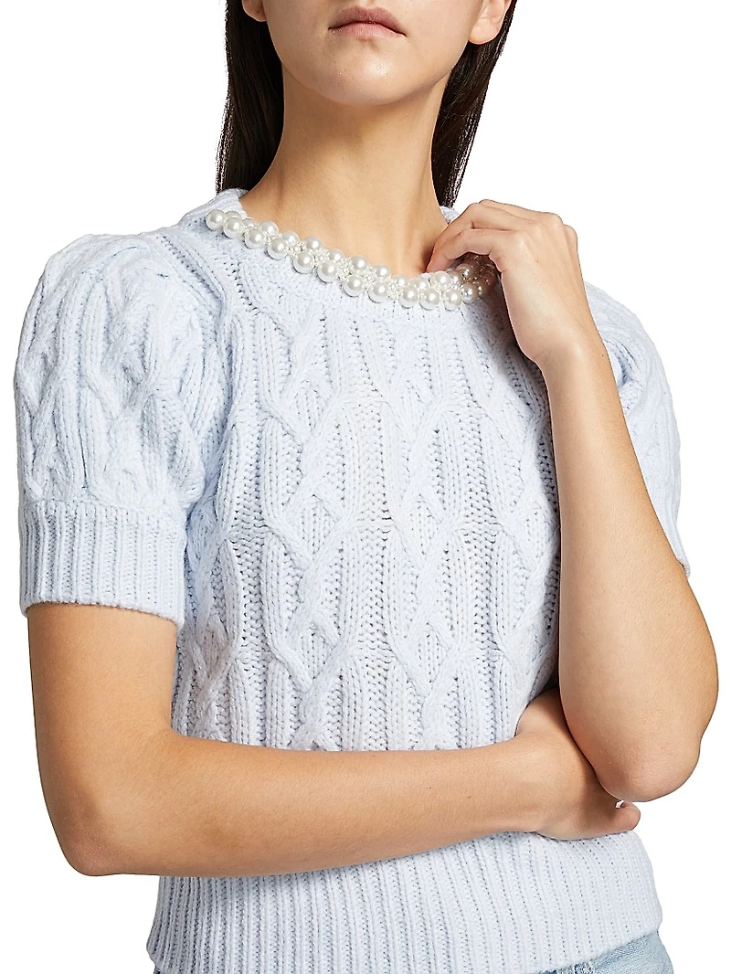 Faux Pearl Cable-Knit Short-Sleeve Sweater