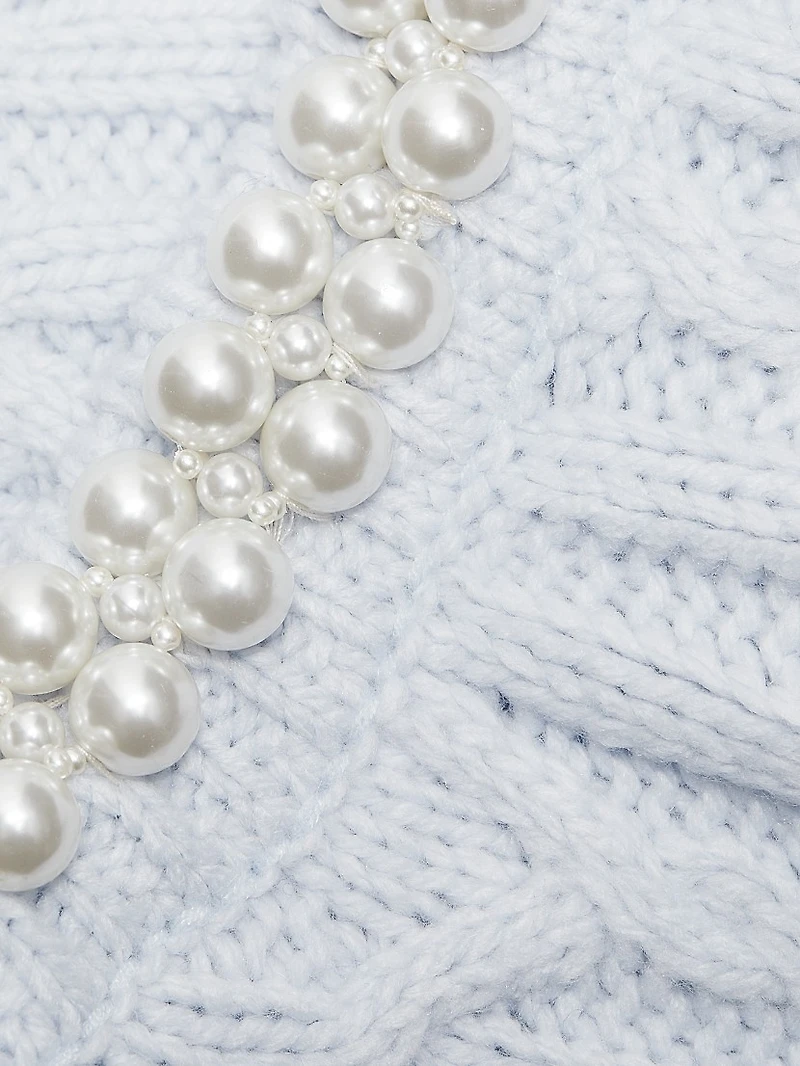 Faux Pearl Cable-Knit Short-Sleeve Sweater