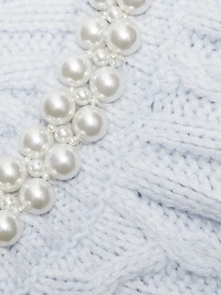 Faux Pearl Cable-Knit Short-Sleeve Sweater
