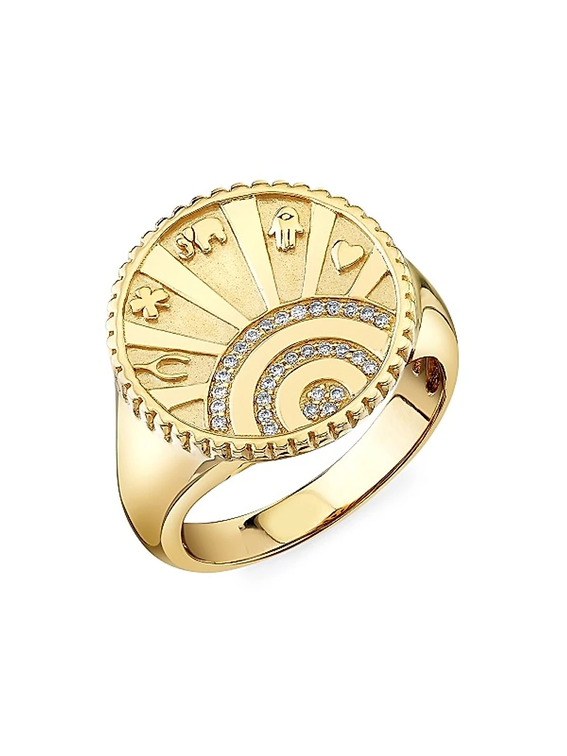 Lucky Coin 14K Yellow Gold & 0.09 TCW Diamond Signet Ring