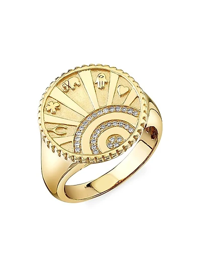 Lucky Coin 14K Yellow Gold & 0.09 TCW Diamond Signet Ring