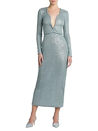Sequined Long-Sleeve Midi Dress
