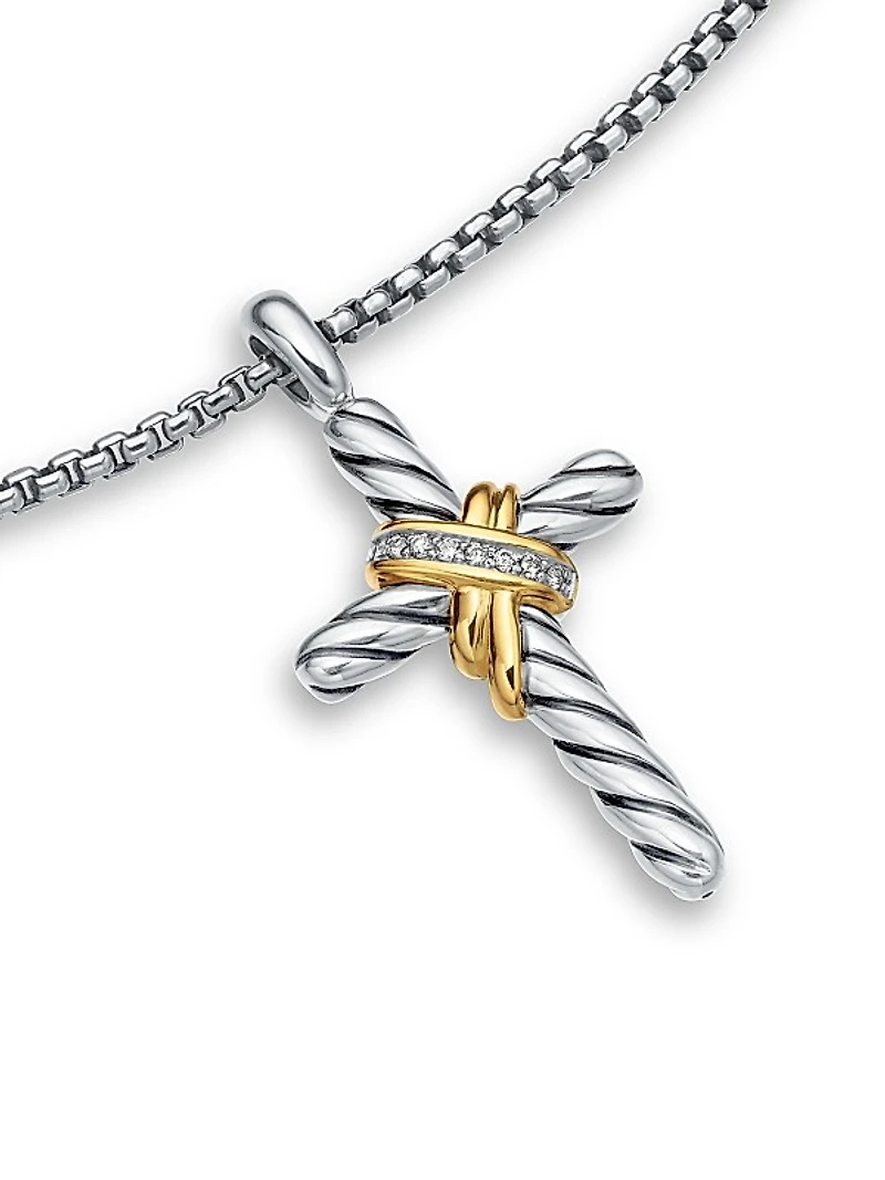 X Cross Necklace in Sterling Silver with 14K Yellow Gold and Diamonds, 31.7mm