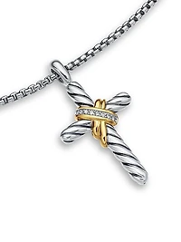 X Cross Necklace in Sterling Silver with 14K Yellow Gold and Diamonds, 31.7mm