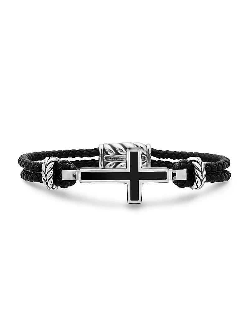 Exotic Stone Cross Bracelet Black Leather