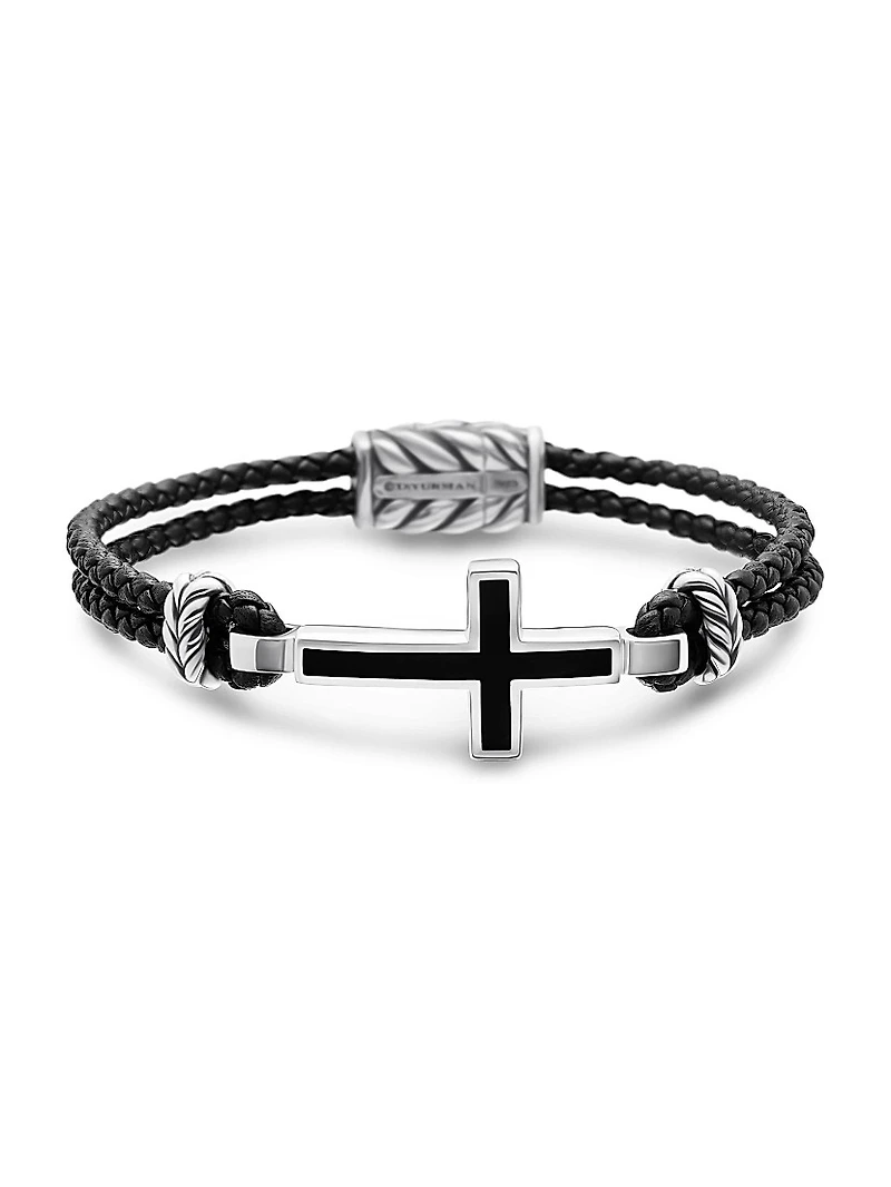 Exotic Stone Cross Bracelet Black Leather