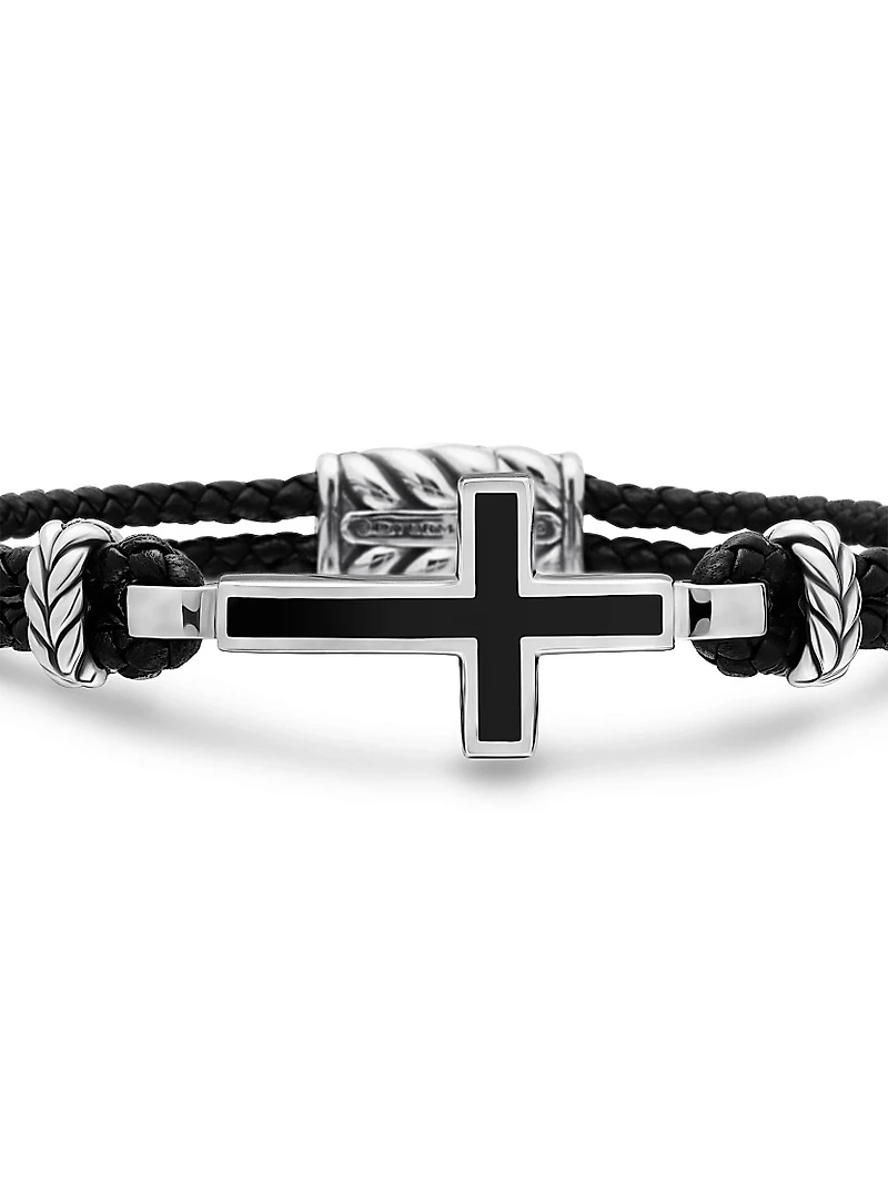 Exotic Stone Cross Bracelet Black Leather