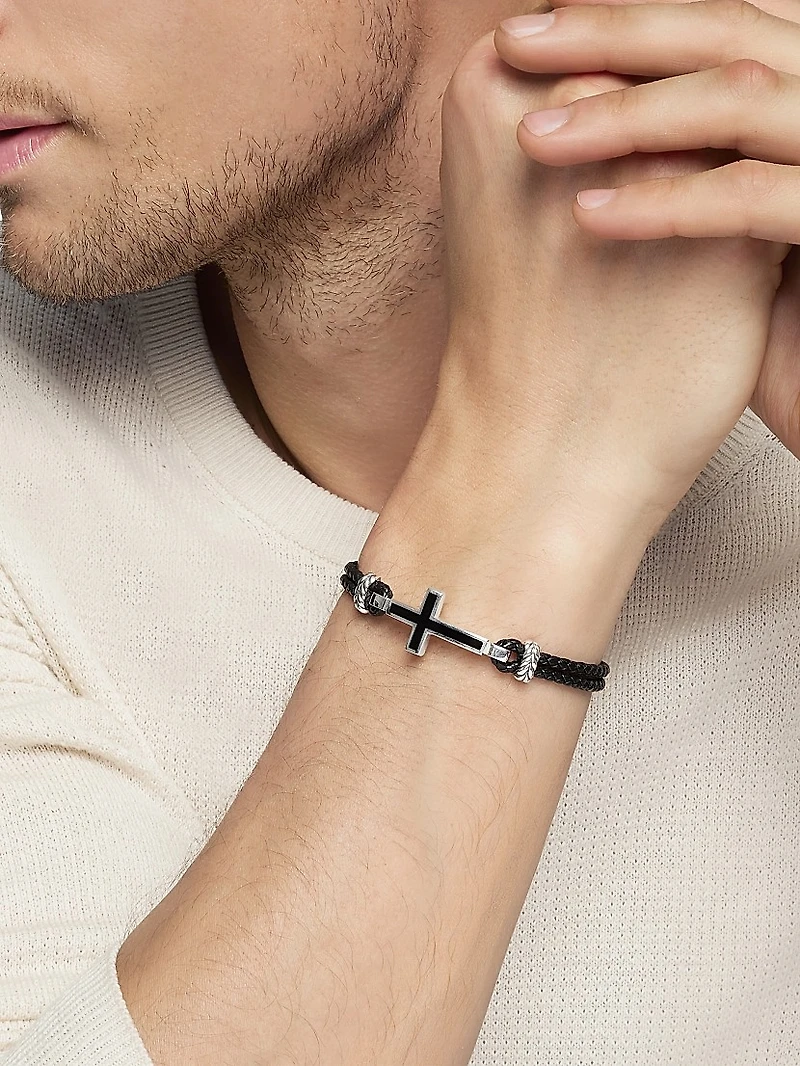 Exotic Stone Cross Bracelet Black Leather