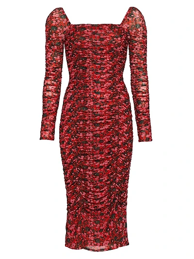 Simona Floral Mesh Ruched Midi-Dress