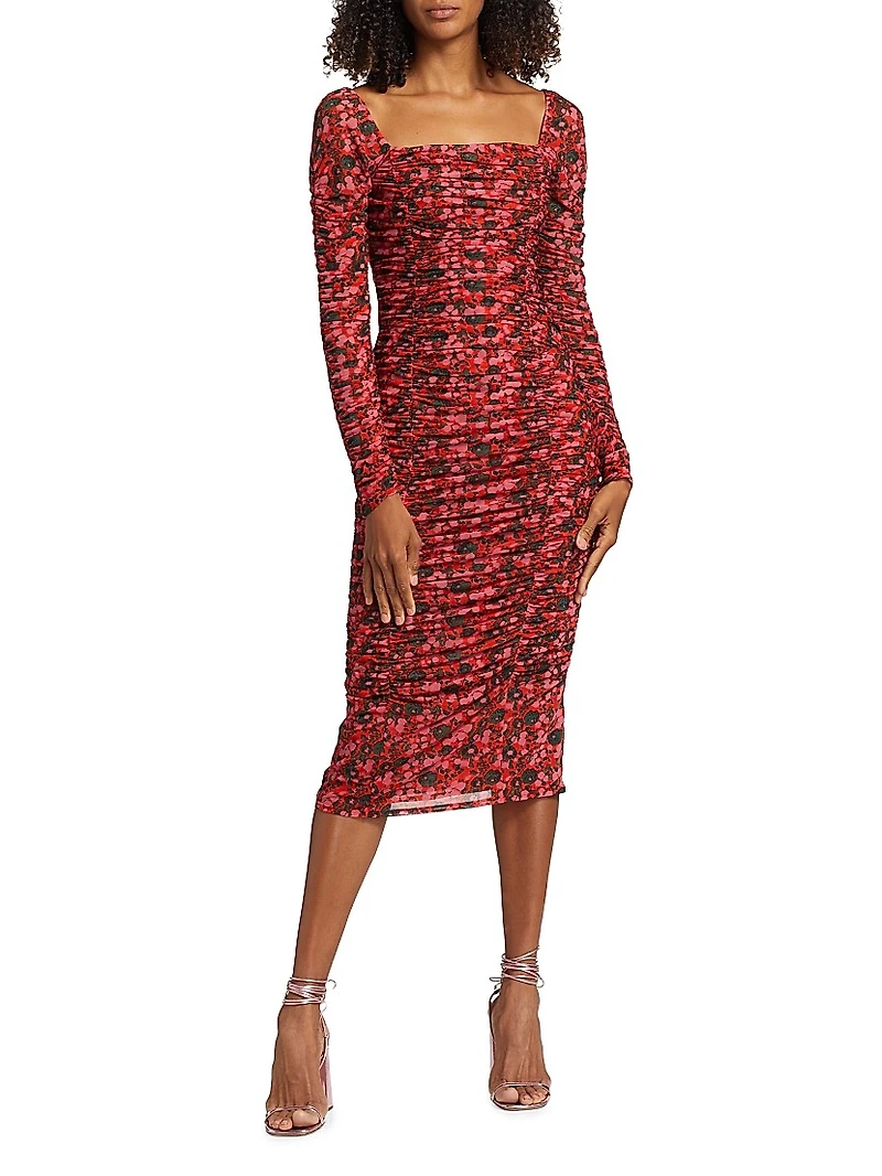 Simona Floral Mesh Ruched Midi-Dress