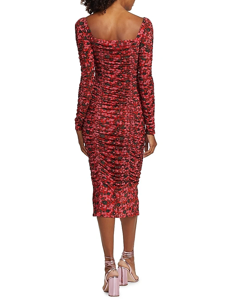 Simona Floral Mesh Ruched Midi-Dress