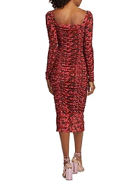 Simona Floral Mesh Ruched Midi-Dress