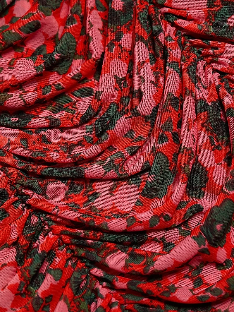 Simona Floral Mesh Ruched Midi-Dress