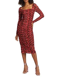 Simona Floral Mesh Ruched Midi-Dress