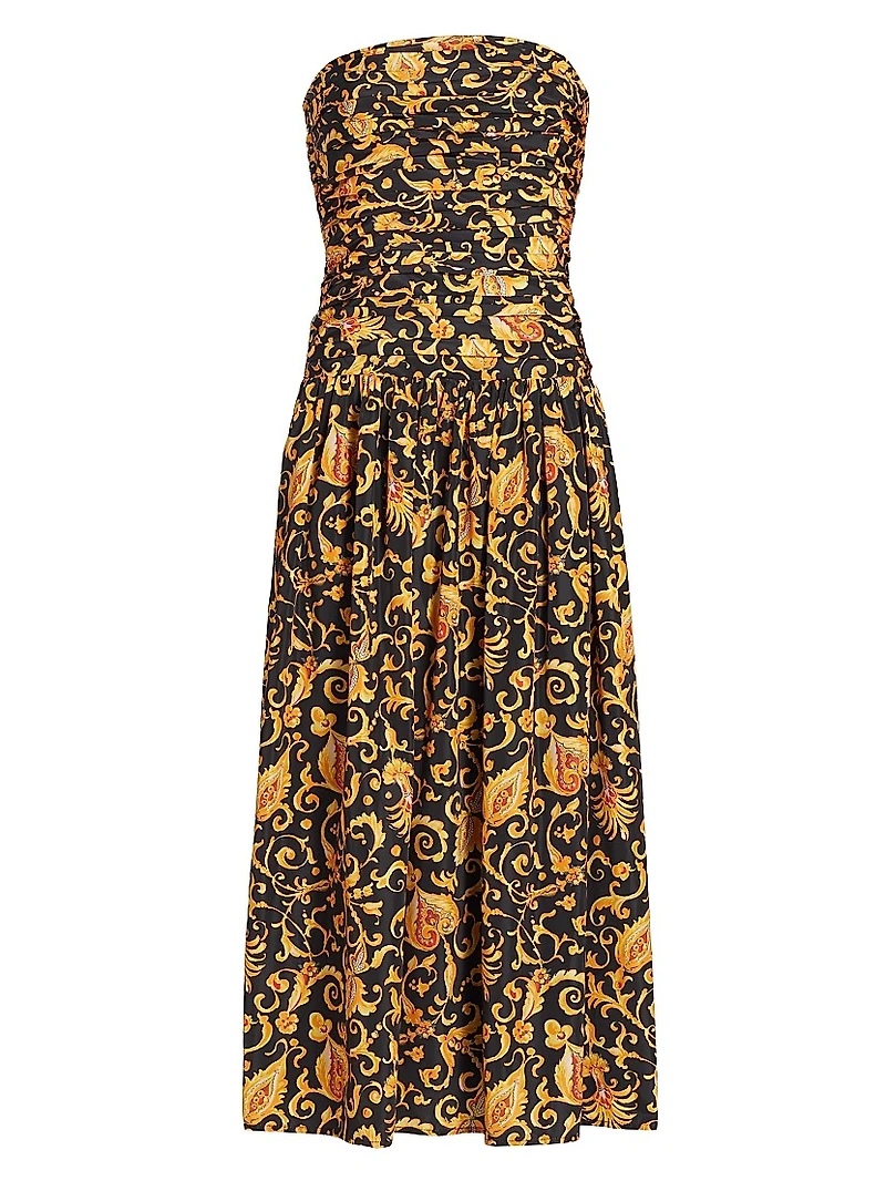 Selma Baroque-Print Strapless Midi-Dress