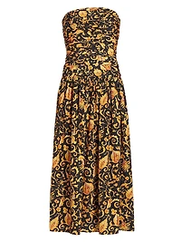 Selma Baroque-Print Strapless Midi-Dress