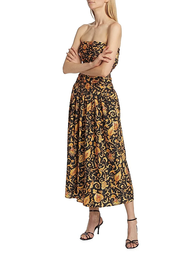 Selma Baroque-Print Strapless Midi-Dress