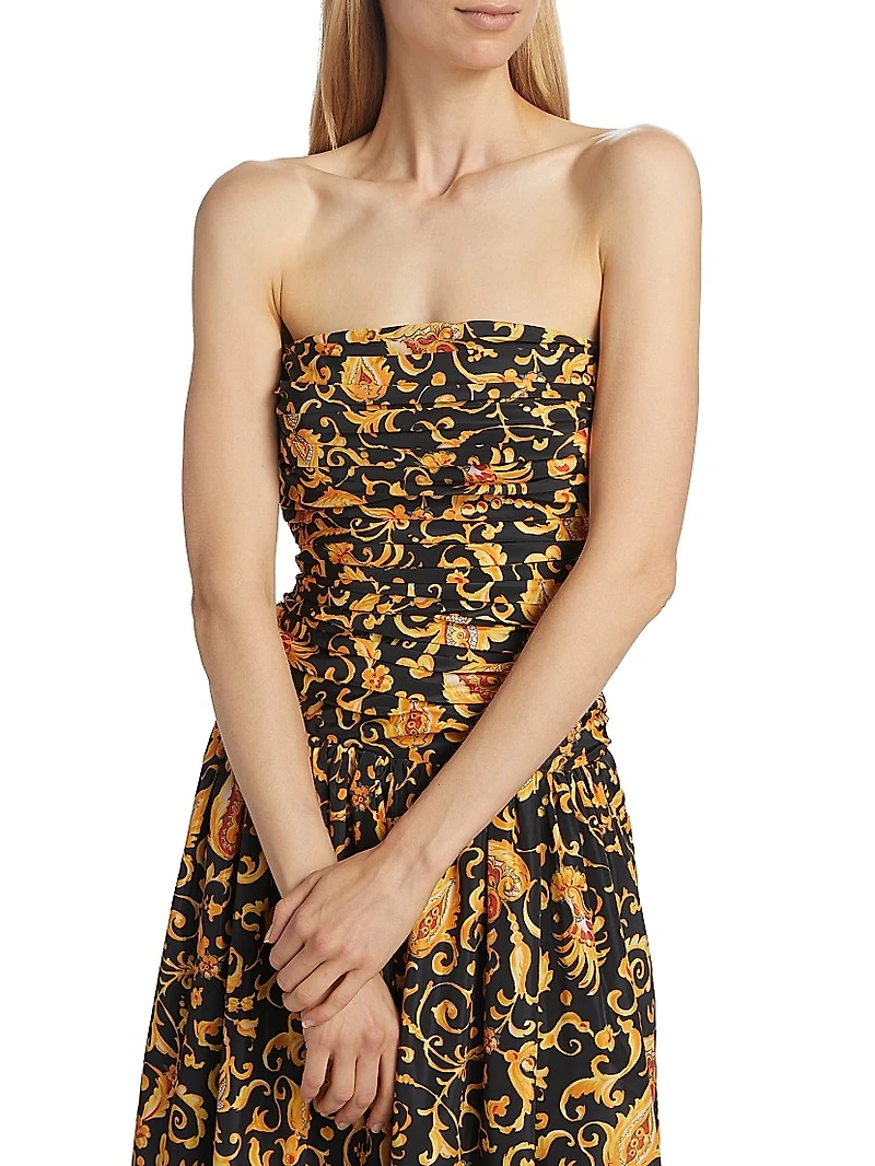 Selma Baroque-Print Strapless Midi-Dress