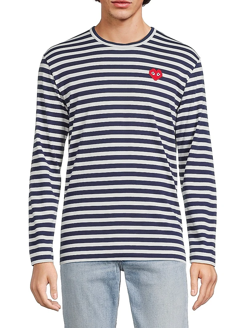 Striped Invader Heart Cotton Long-Sleeve T-Shirt