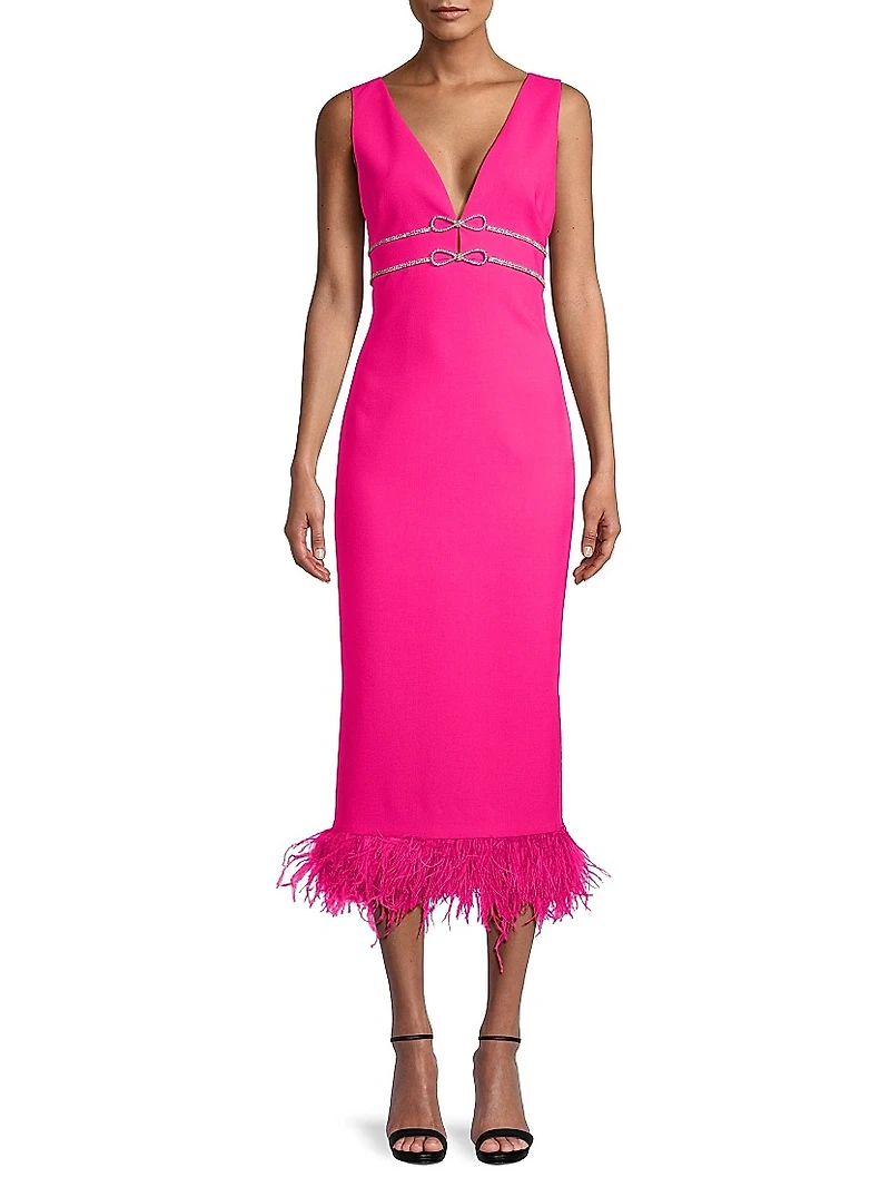 Corianne Crystal Bow & Feather Midi-Dress