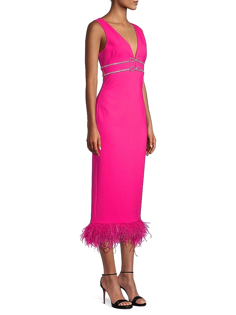 Corianne Crystal Bow & Feather Midi-Dress