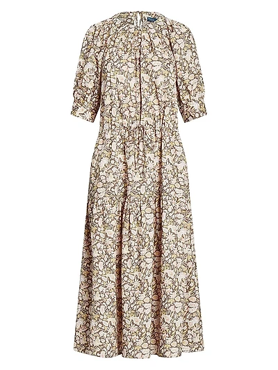 Hazlee Floral Poplin Drawstring Midi-Dress