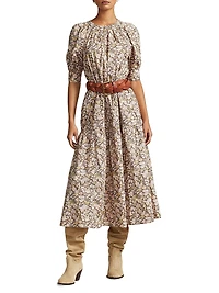Hazlee Floral Poplin Drawstring Midi-Dress