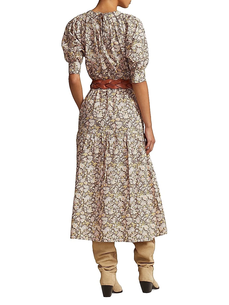 Hazlee Floral Poplin Drawstring Midi-Dress