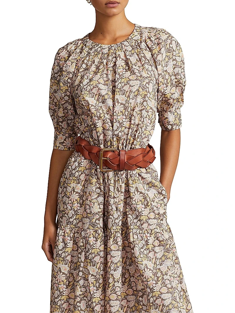 Hazlee Floral Poplin Drawstring Midi-Dress