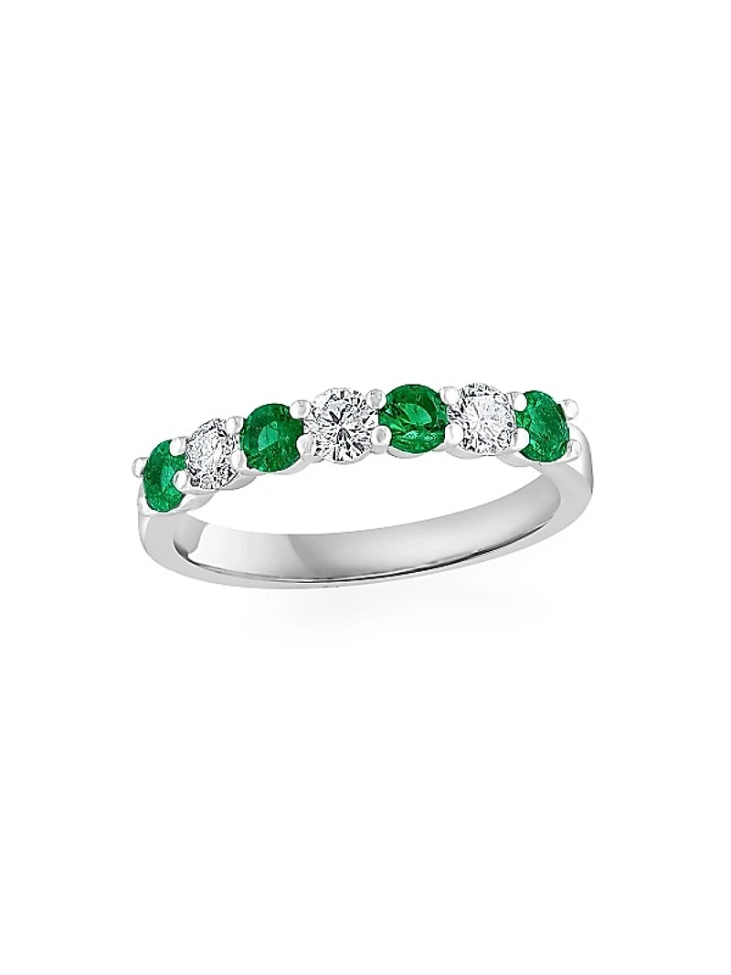 14K White Gold, Emerald & 0.50 TCW Diamond Band Ring