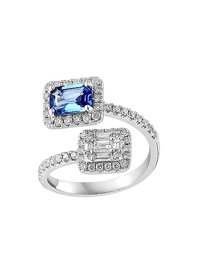 18K White Gold, Blue Sapphire & 0.19 TCW Diamond Bypass Ring
