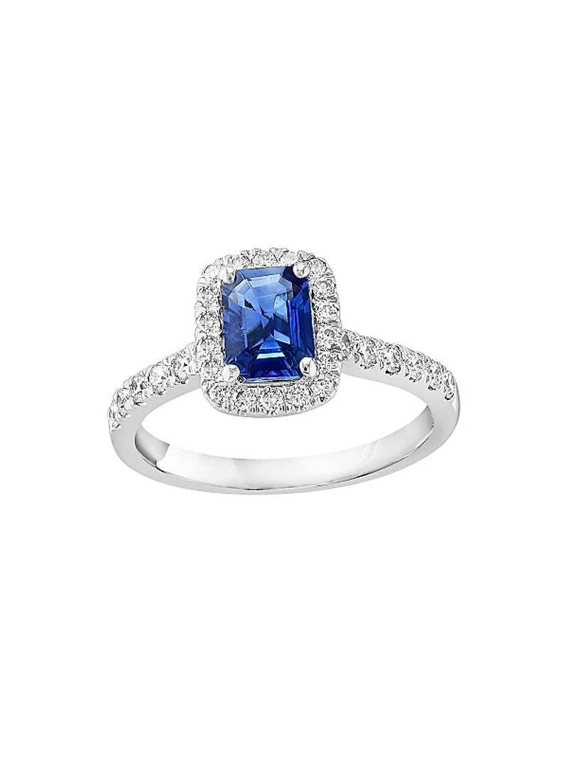 18K White Gold, Blue Sapphire & 0.46 TCW Diamond Halo Ring