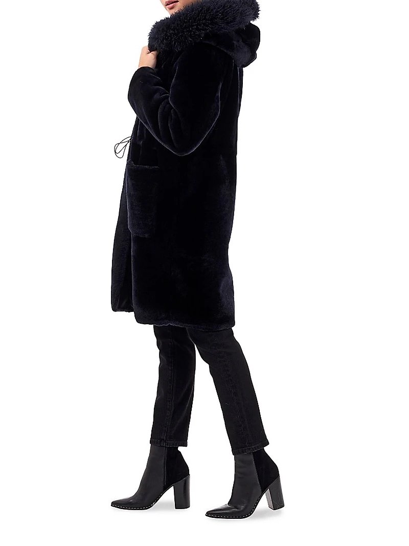 Shearling Lamb Parka with Cashmere Goat Hood Trim Coat