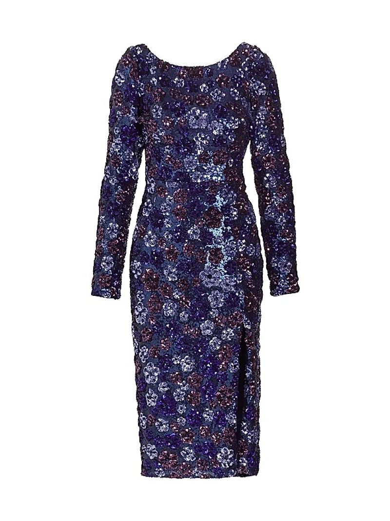 Long-Sleeve Sequined Tulle Cocktail Midi-Dress