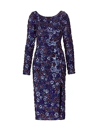 Long-Sleeve Sequined Tulle Cocktail Midi-Dress