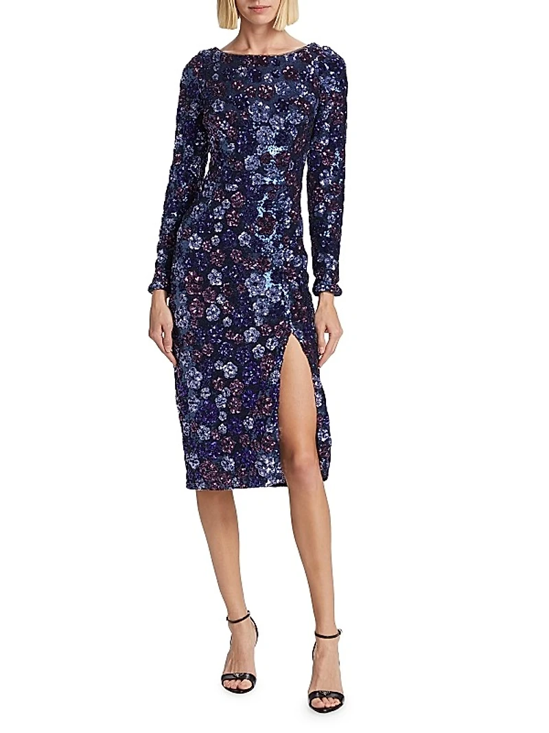 Long-Sleeve Sequined Tulle Cocktail Midi-Dress