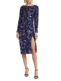 Long-Sleeve Sequined Tulle Cocktail Midi-Dress