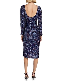 Long-Sleeve Sequined Tulle Cocktail Midi-Dress