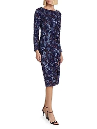 Long-Sleeve Sequined Tulle Cocktail Midi-Dress