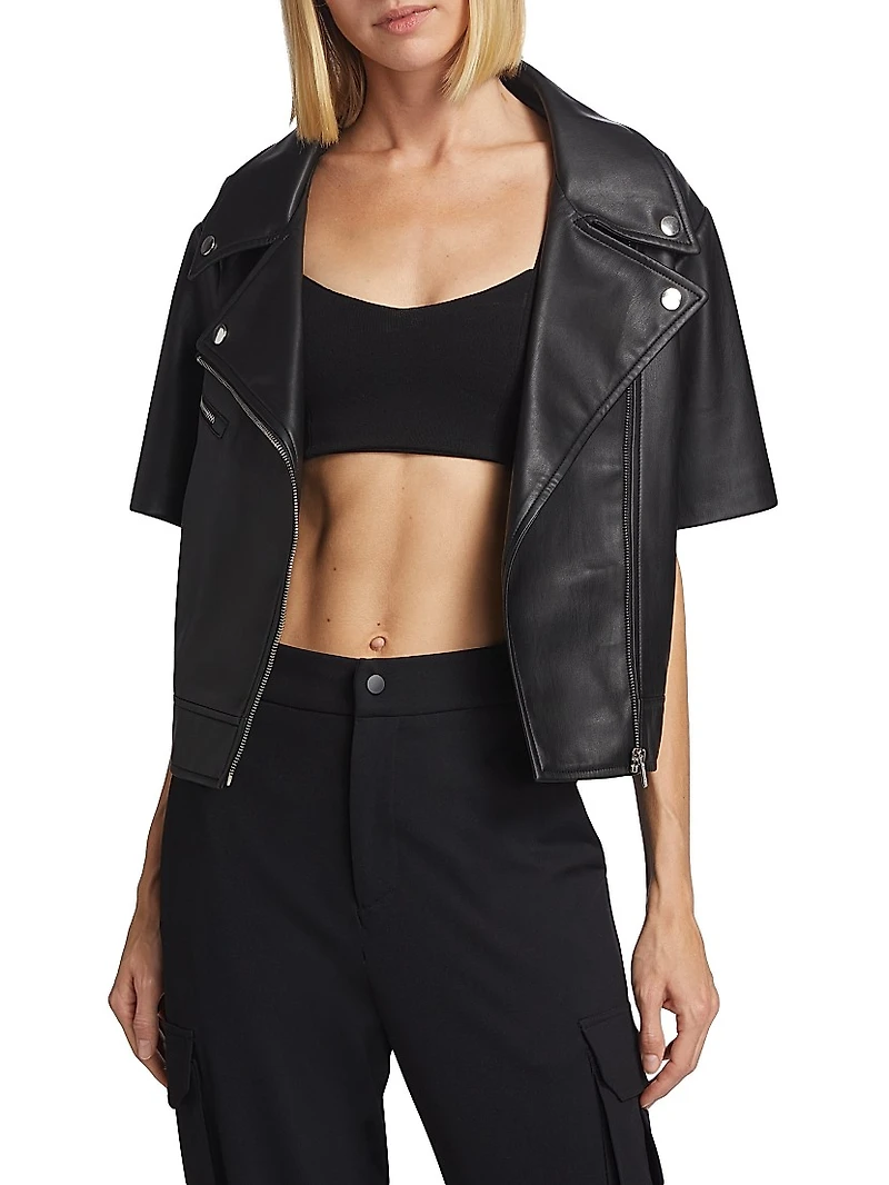 Short-Sleeve Faux Leather Moto Jacket