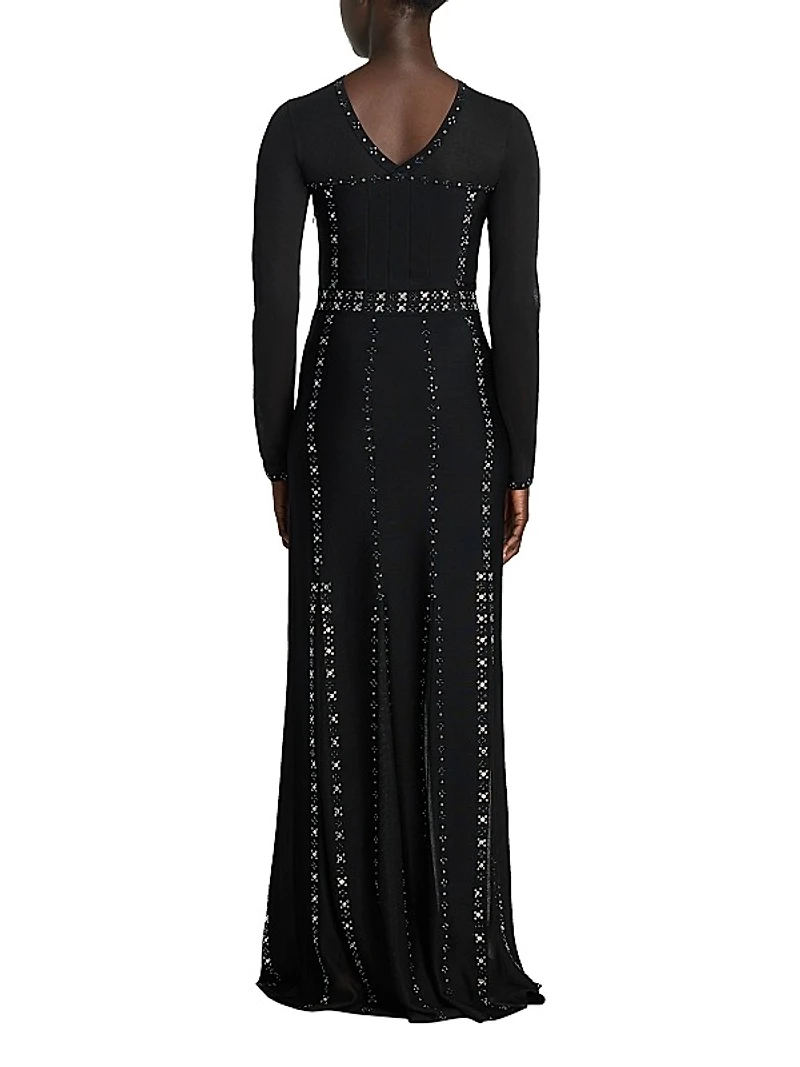 Rhinestone-Embellished V-Neck Gown