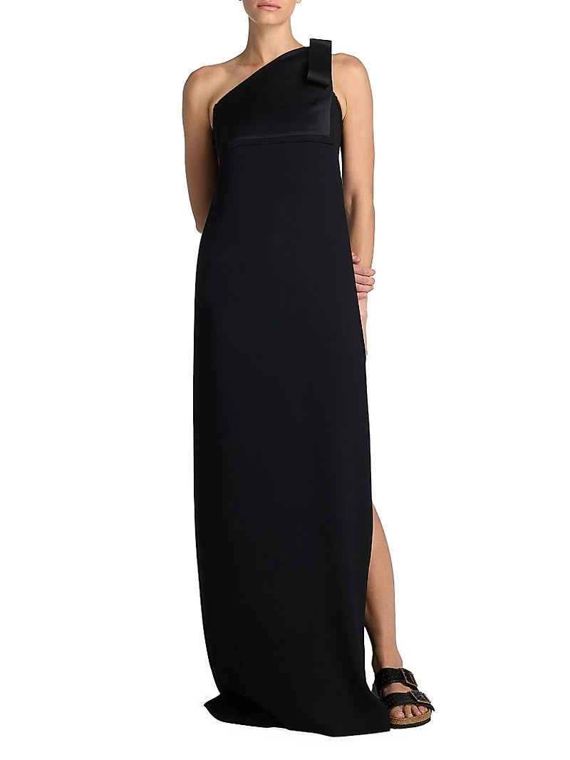 Bow One-Shoulder Crepe Gown