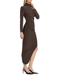 Long-Sleeve Turtleneck Side-Drape Midi Dress