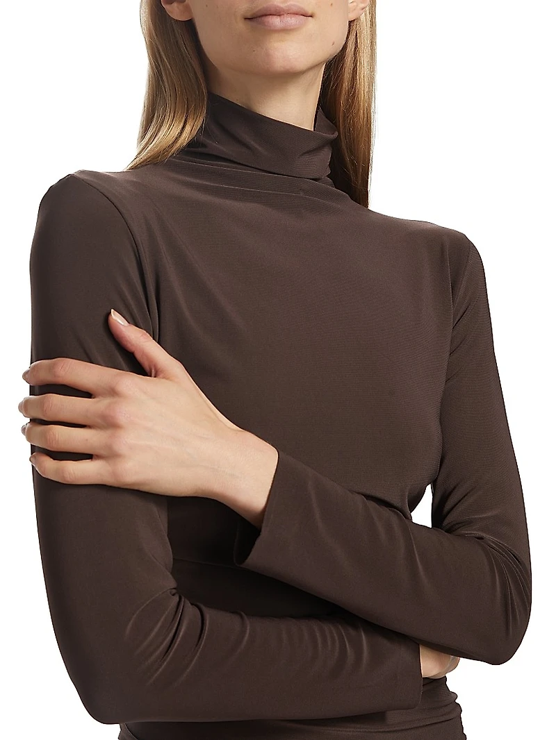 Long-Sleeve Turtleneck Side-Drape Midi Dress